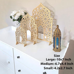 Decorative gold arches and lanterns on a white surface with size information.