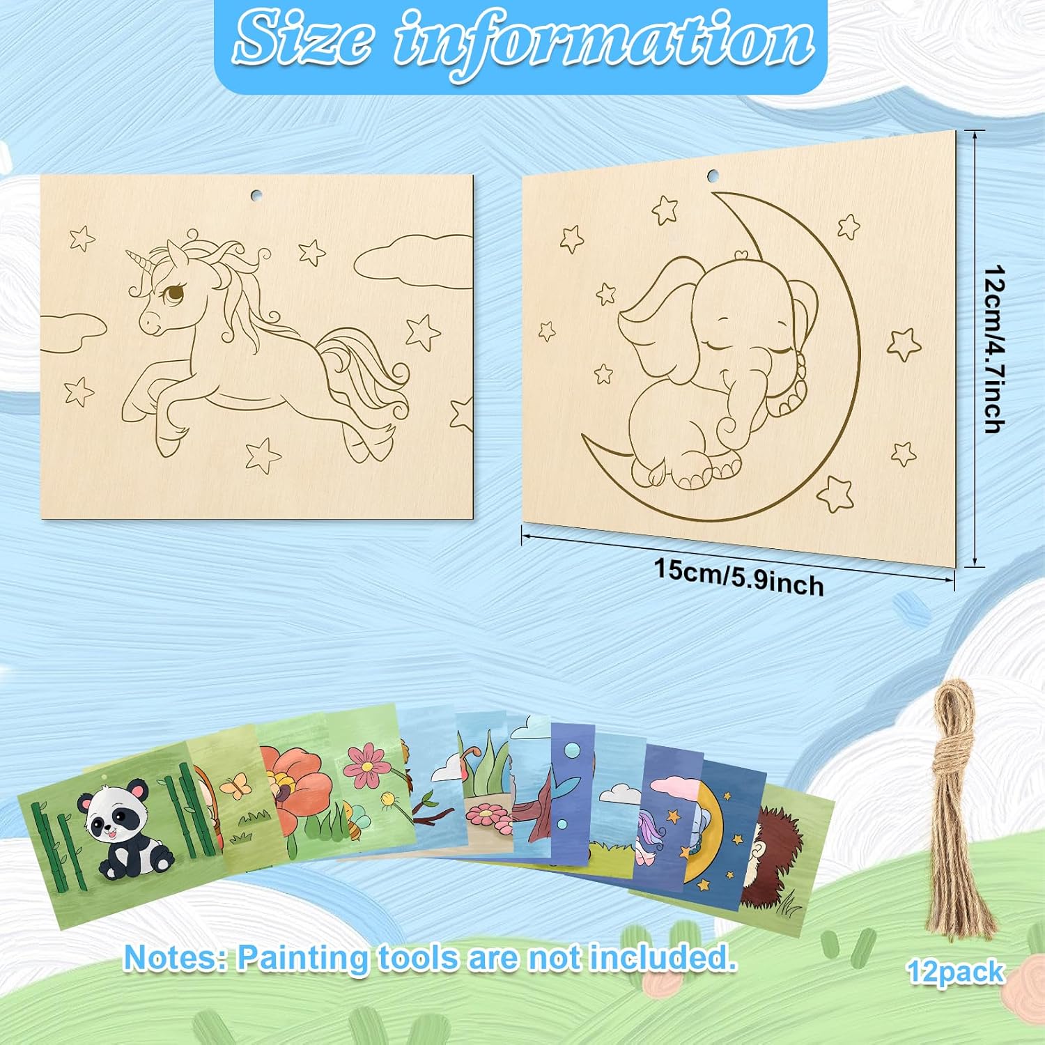 Wooden painting boards with animal designs and size information on a blue background.