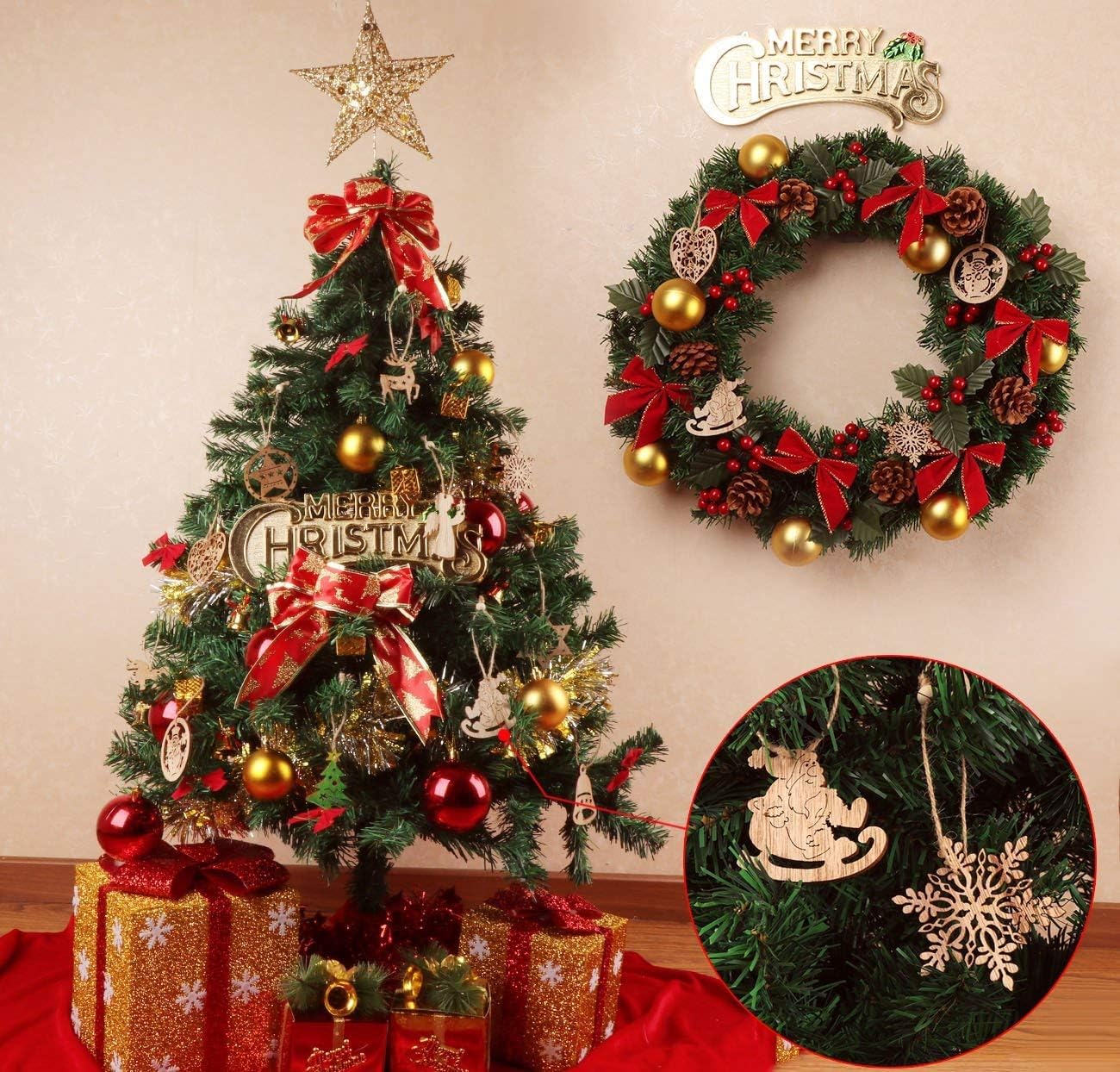 Decorated Christmas tree with ornaments, wreath, and presents on a neutral background