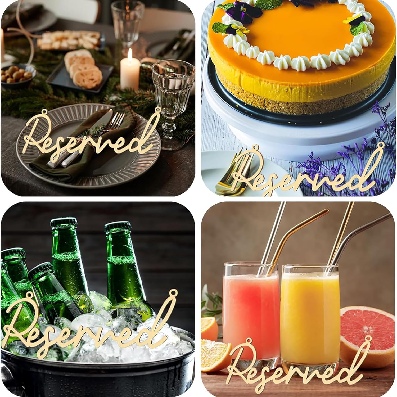 Collage of a reserved table setting with a cake, beer bottles, and drinks.