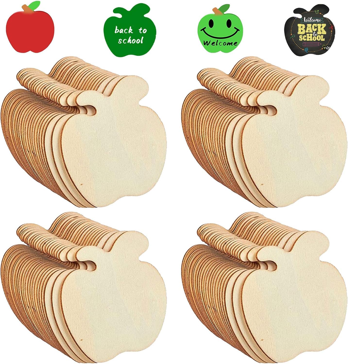 Wooden apple-shaped cutouts with 'Back to School' and 'Welcome' text on decorative stickers.