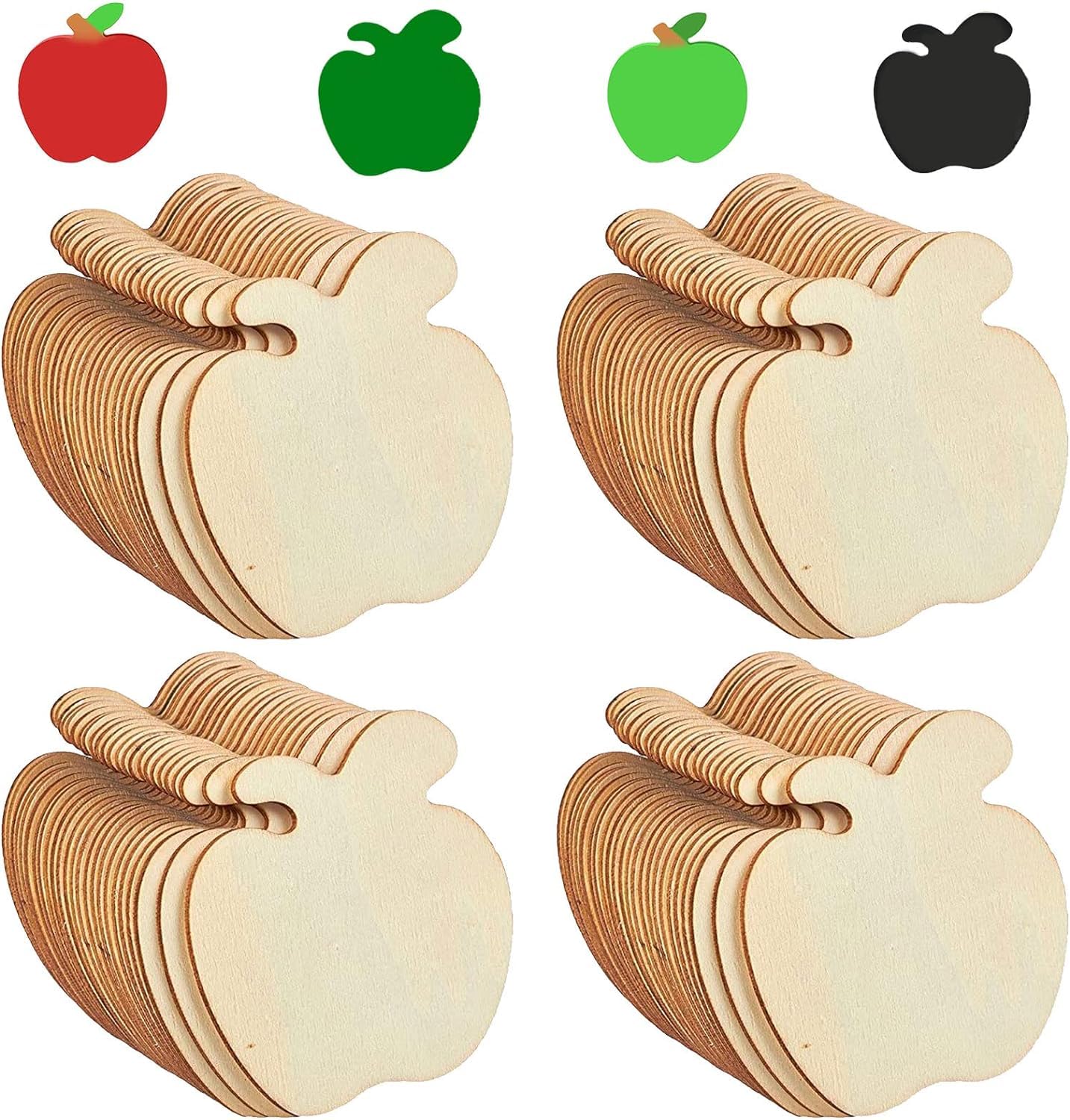 Wooden apple-shaped cutouts with colored apple icons above them on a white background.