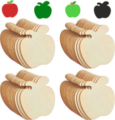 Wooden apple-shaped cutouts with colored apple icons above them on a white background.