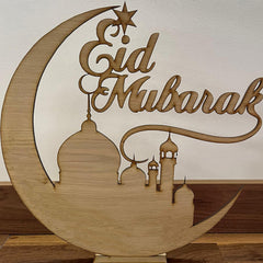 Cliths Eid Mubarak Wooden Table Sign Ramadan Decor Crescent Moon & Mosque Freestanding Islamic Decoration