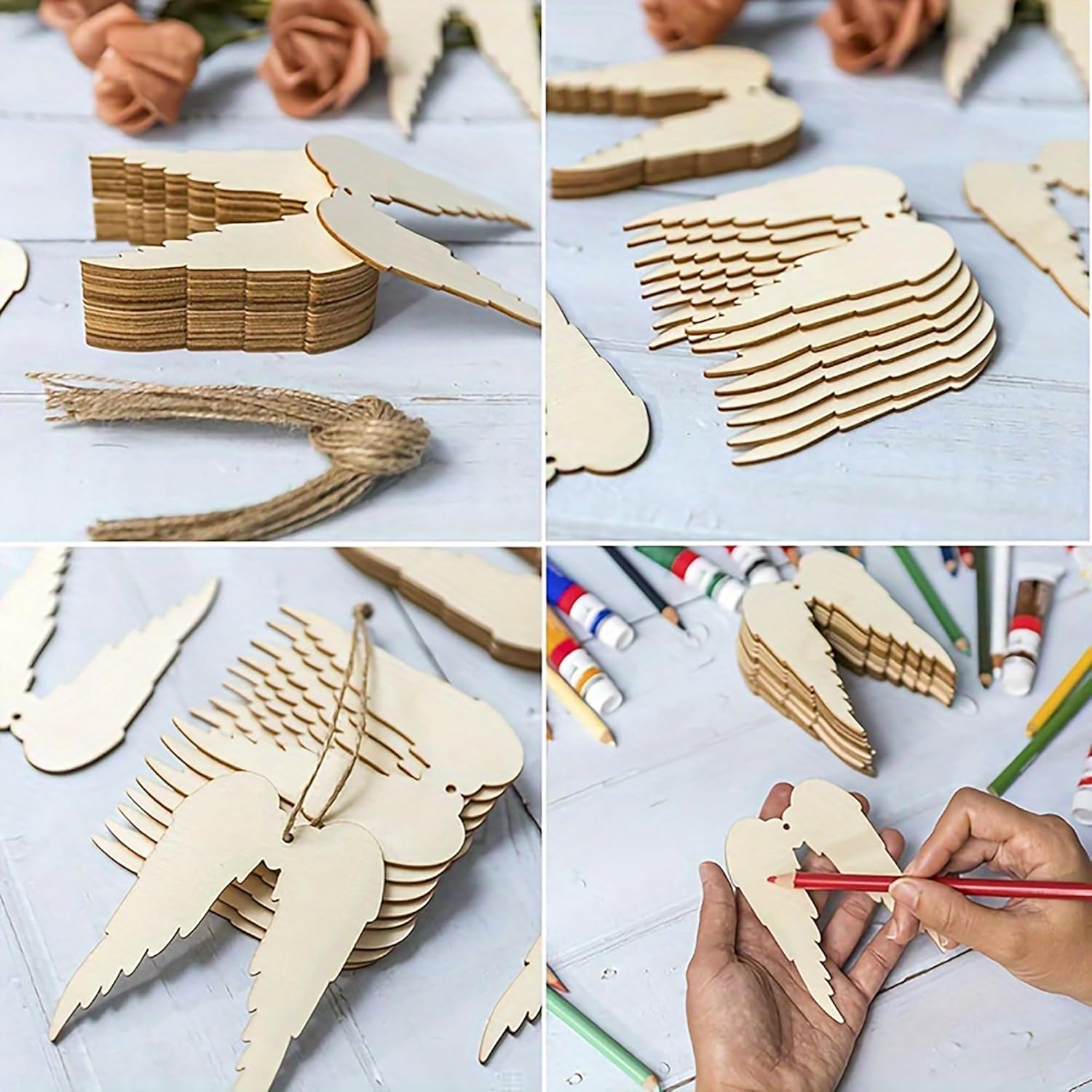 Collage of wooden angel wings, scissors, and a hand painting a wing on a light blue background.