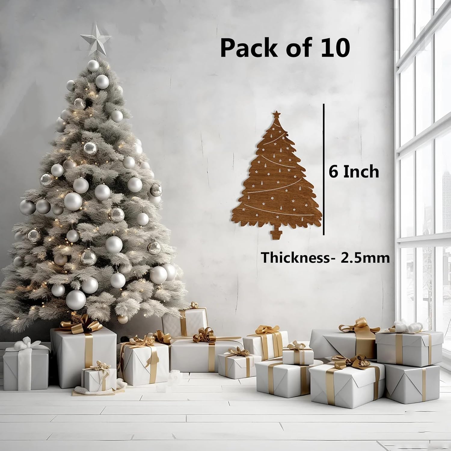 Decorative Christmas tree wall decal with measurements in a room with a Christmas tree and presents.