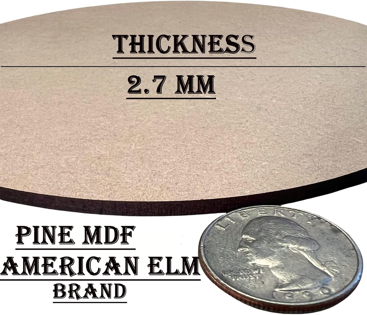 Pine MDF board with thickness measurement and a coin for scale on a white background