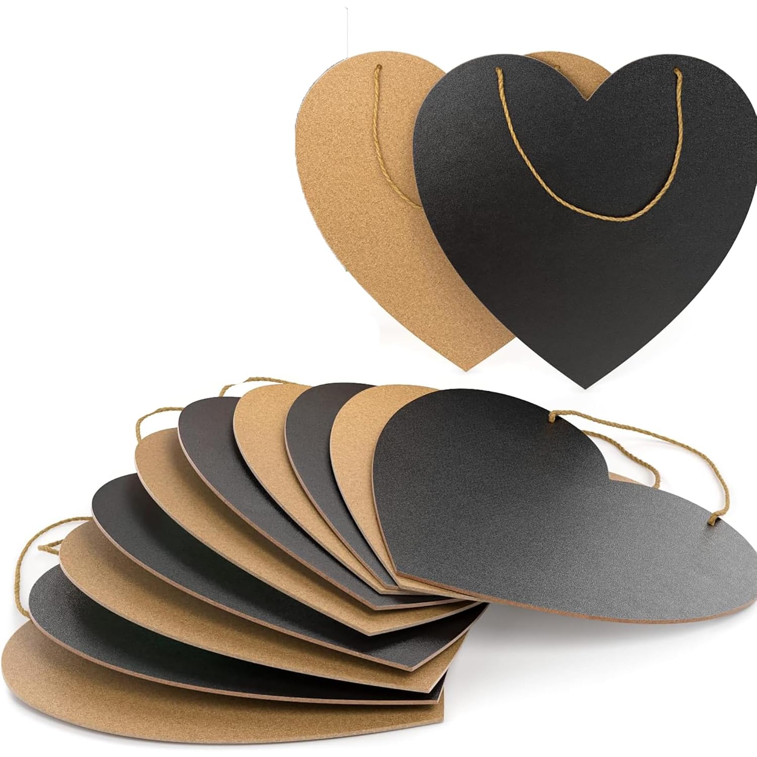 Heart-shaped black and brown boards with string on a white background