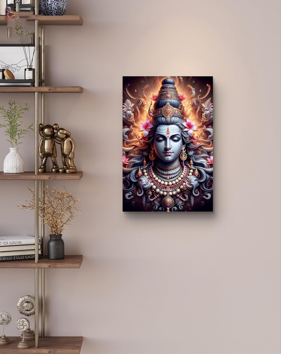 Canvas print of a deity on a wall next to a wooden shelf with decorative items.