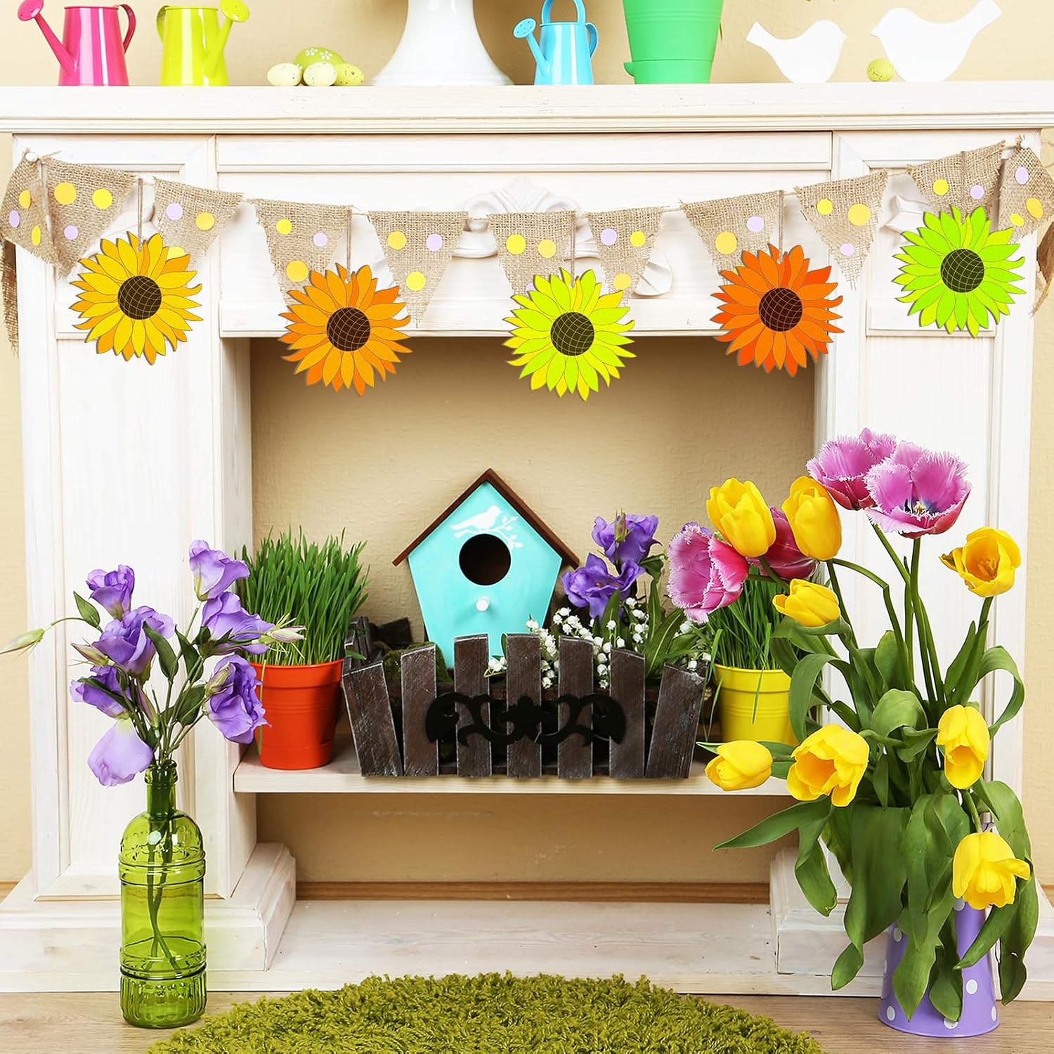 Decorative shelf with flowers, birdhouse, and bunting in a home setting