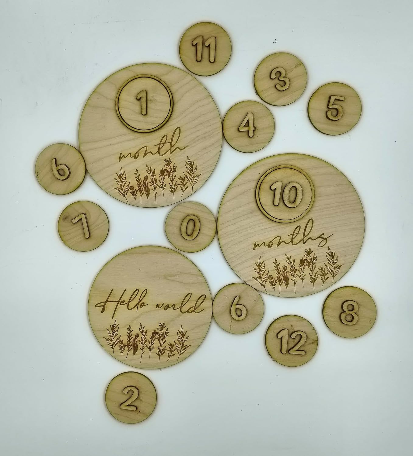 Wooden circular milestones with numbers and phrases on a white background