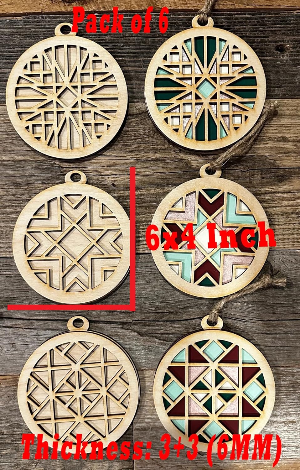 Set of six geometric wooden ornaments on a wooden background with measurements.