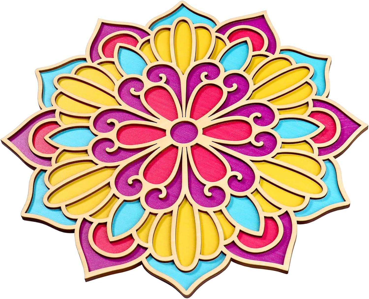 Colorful mandala design with yellow, pink, blue, and purple colors on a white background.