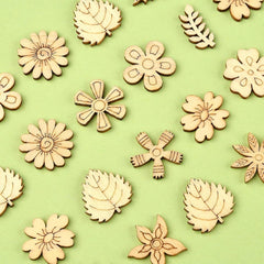 Cliths Pack of 18 Wooden Flower & Leaf Cutouts Autumn Decorations Craft Embellishments Floral Ornaments