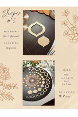Decorative wooden shapes on a beige background with product details.