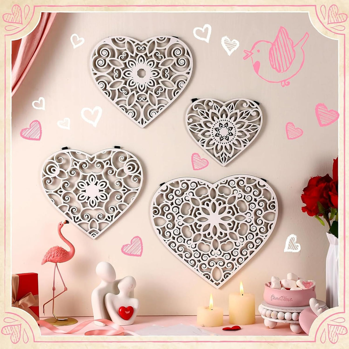 Decorative heart-shaped wall art pieces on a wall with decorative elements.