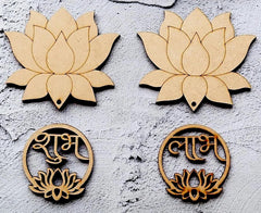 Four wooden lotus flower designs with engraved text on a textured surface