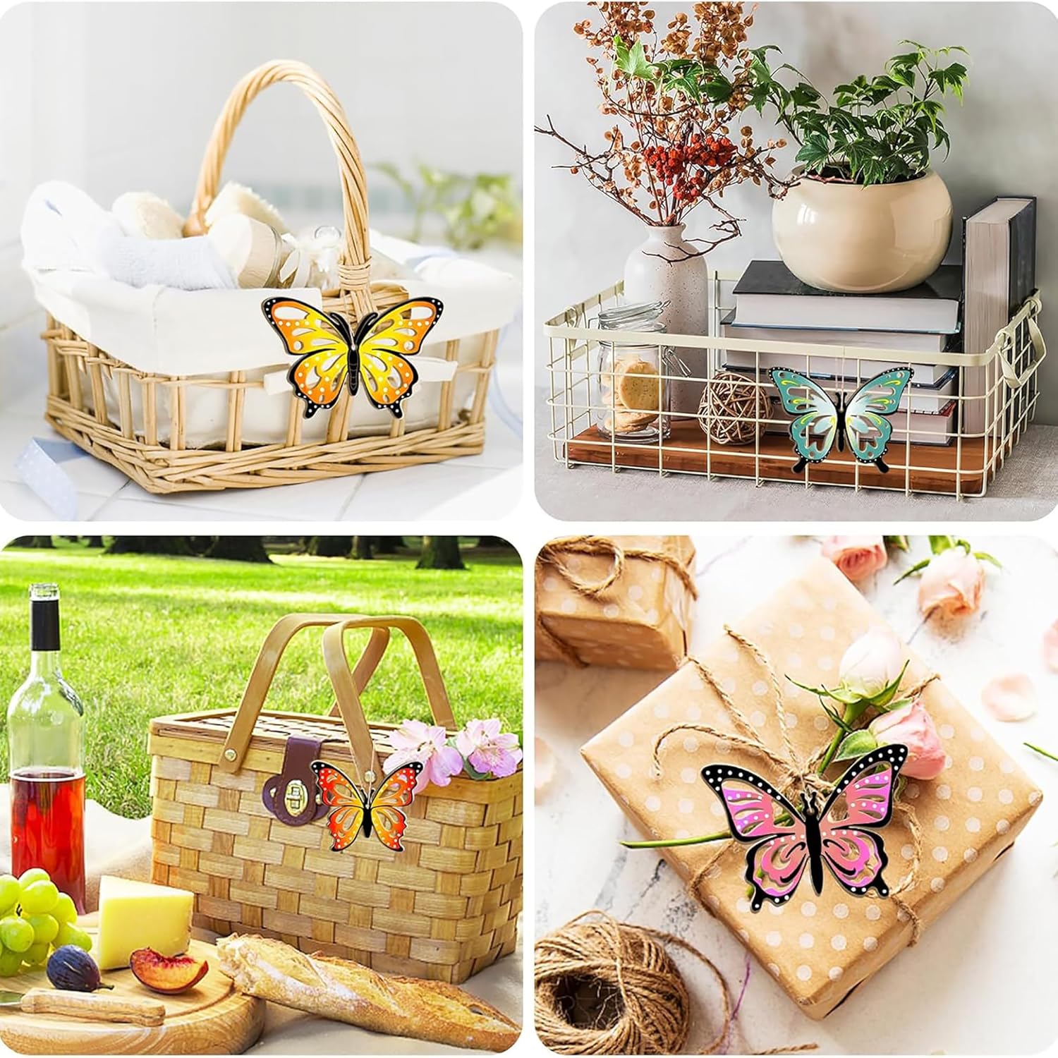 Collage of picnic basket, gift with butterfly, and outdoor setting with butterflies.
