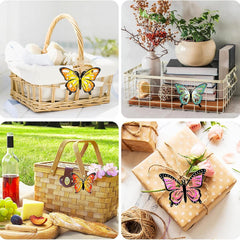 Collage of picnic basket, gift with butterfly, and outdoor setting with butterflies.