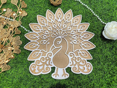 Decorative peacock design on a green grass background