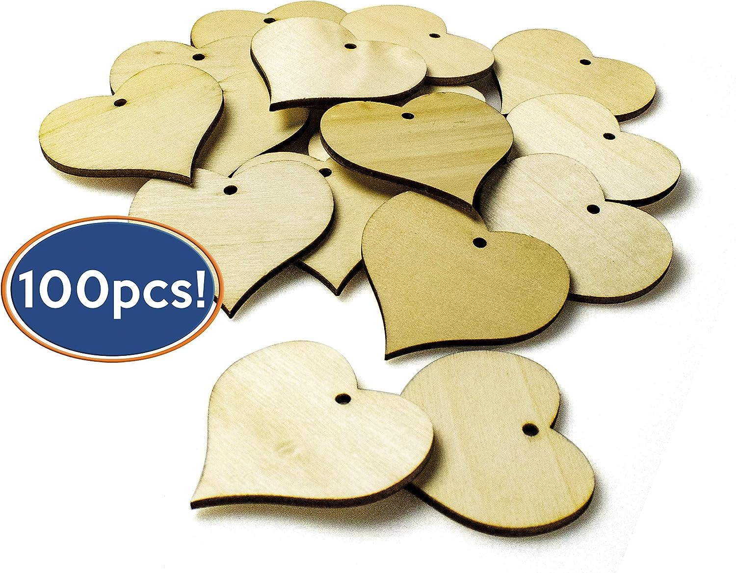 100 wooden heart-shaped tags on a white background with a blue circle indicating quantity.
