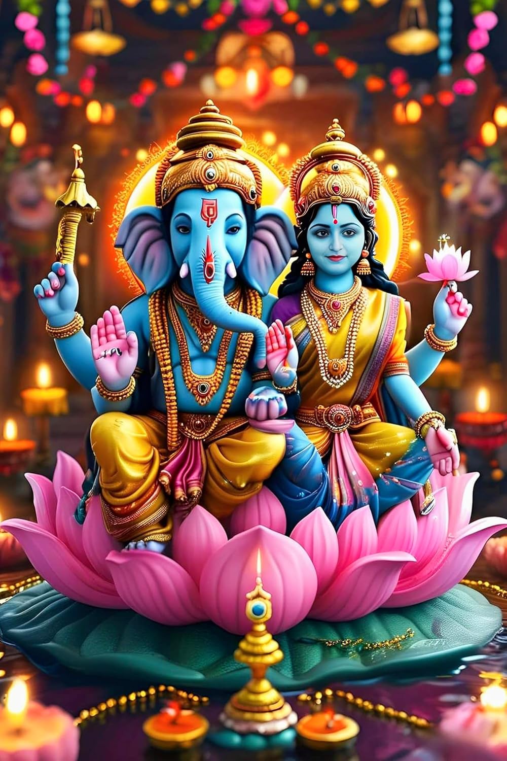 Colorful statues of Ganesha and Goddess Lakshmi on a pink lotus with decorative lights in the background.