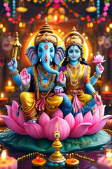 Colorful statues of Ganesha and Goddess Lakshmi on a pink lotus with decorative lights in the background.