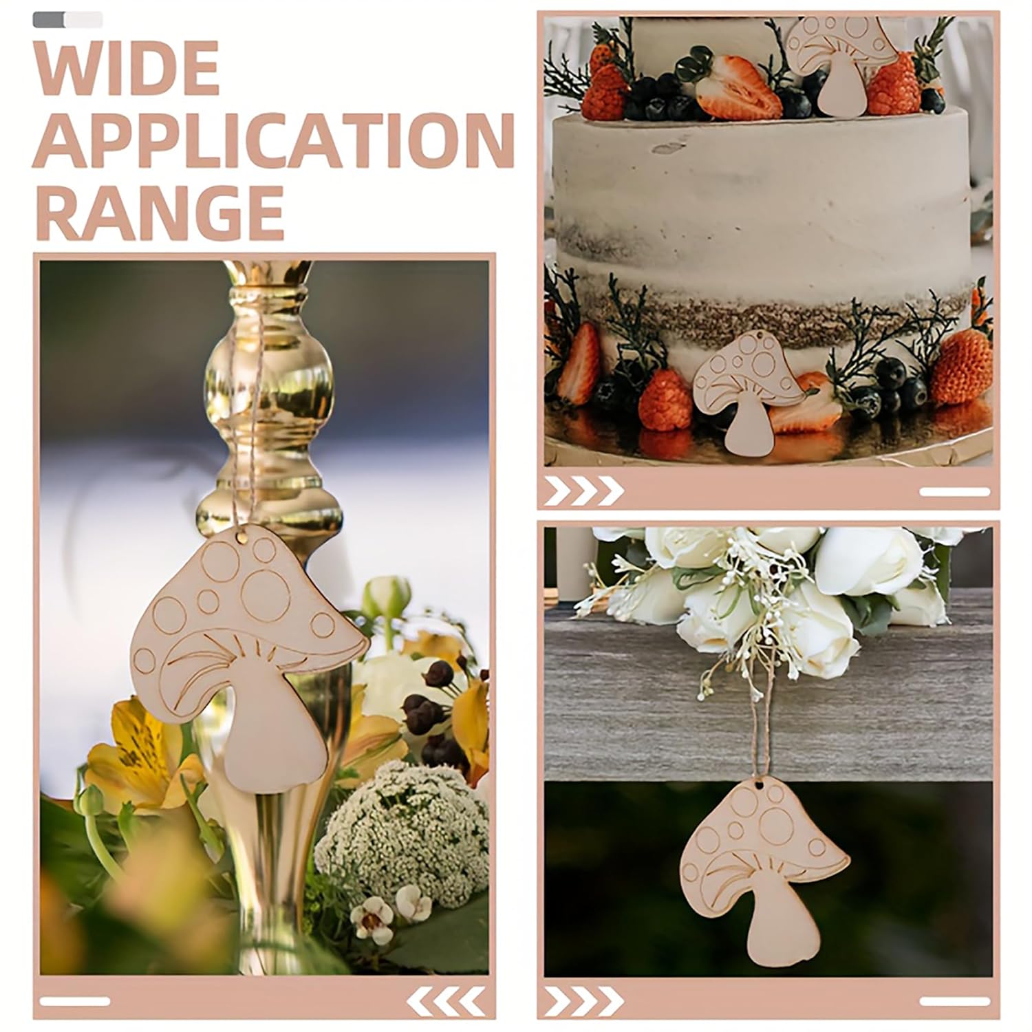 Decorative mushroom-shaped items with a wide application range, including a cake and floral arrangements.