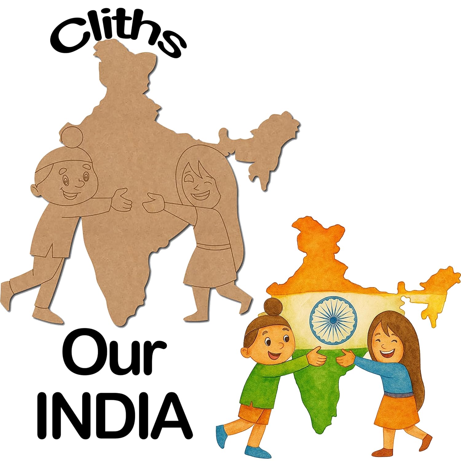 Illustration of children holding a map of India with the text 'Cliths Our INDIA'.