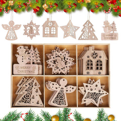 Set of wooden Christmas ornaments in a box with decorative elements above and below.