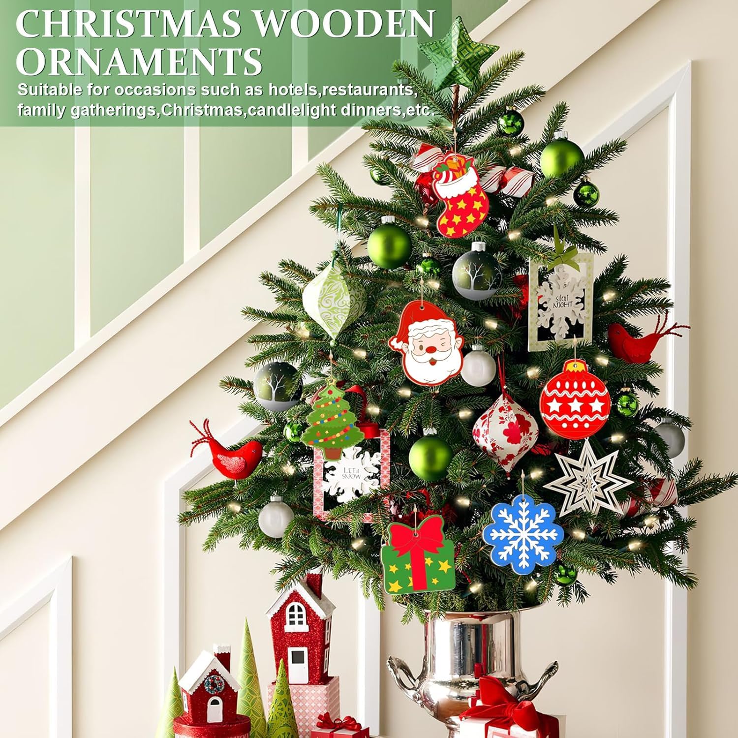 Decorative Christmas wreath with ornaments hanging on a door