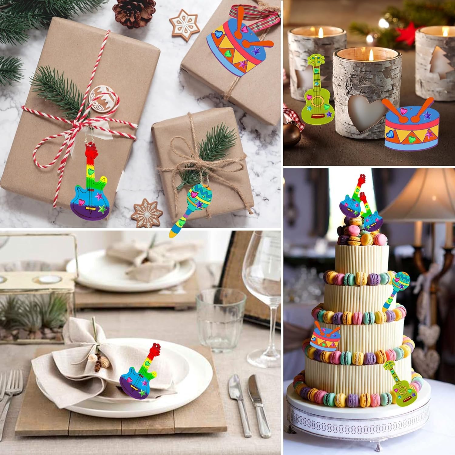 Collage of festive gift wrapping, candles, table setting, and cake with colorful decorations.
