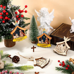 Collection of Christmas nativity scene figurines and decorations on a white surface with a beige background.