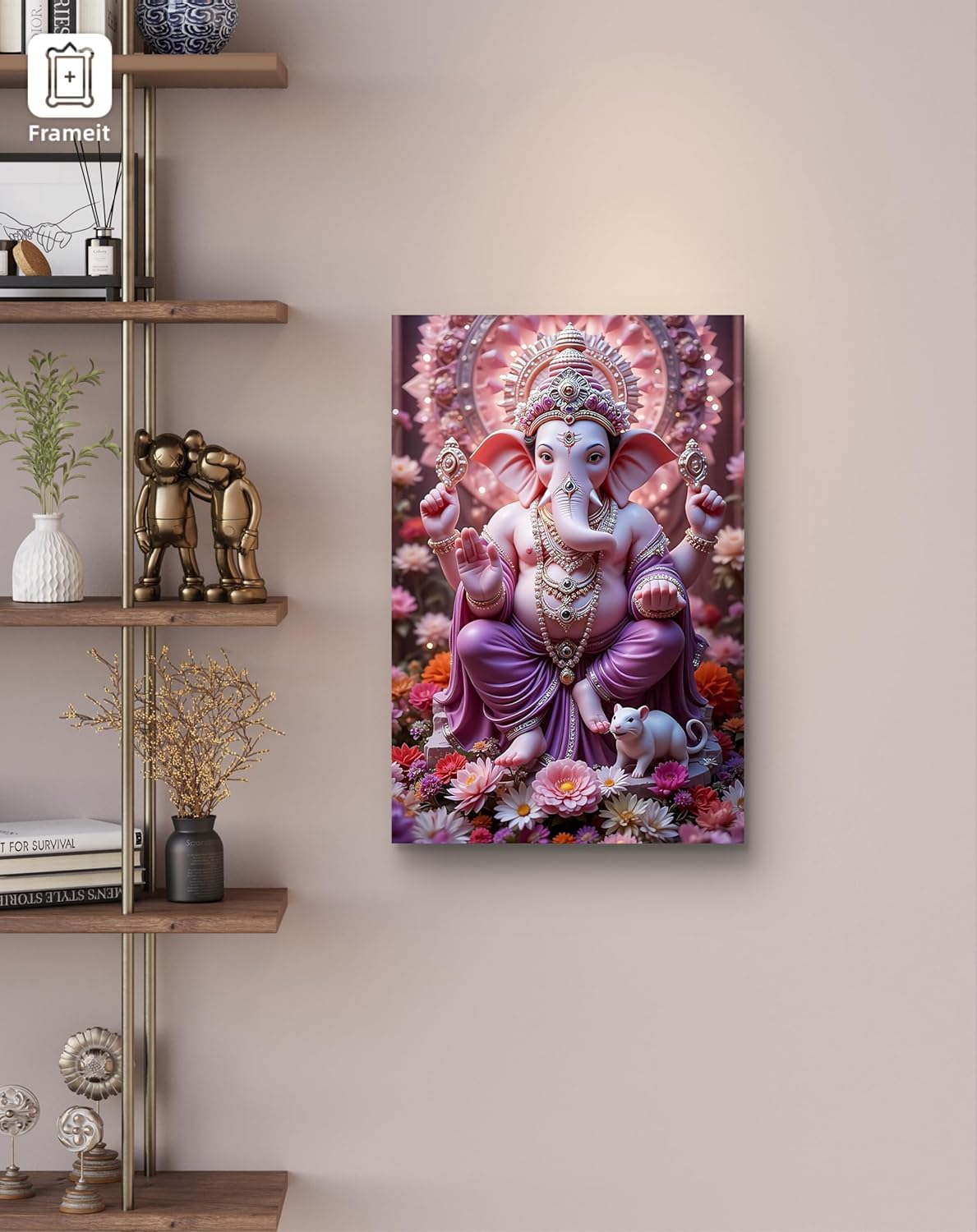 Decorative wall art of a神灵 figure on a floral background in a home setting.