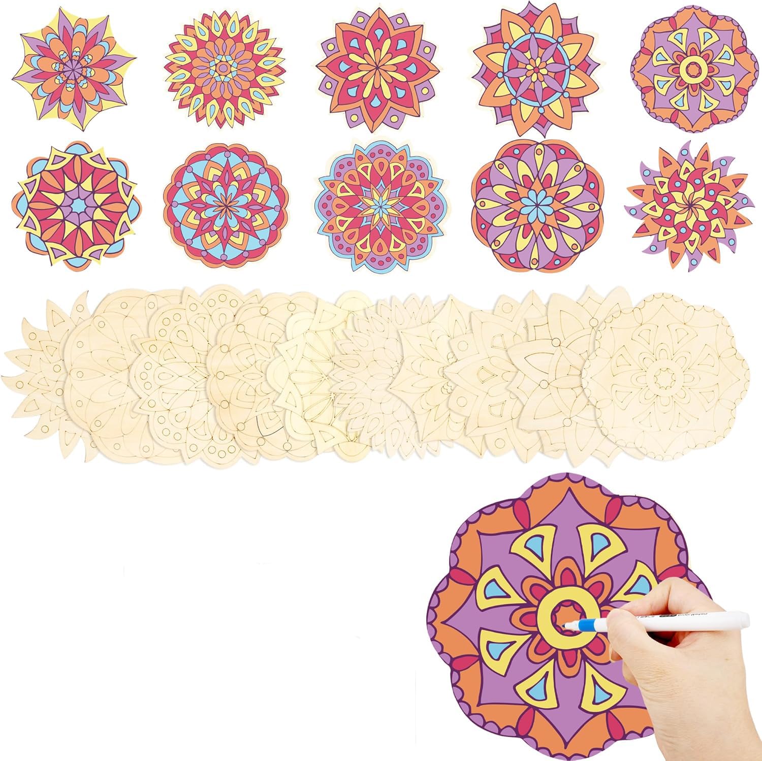 Colorful mandala designs on a white background with a hand holding a marker.
