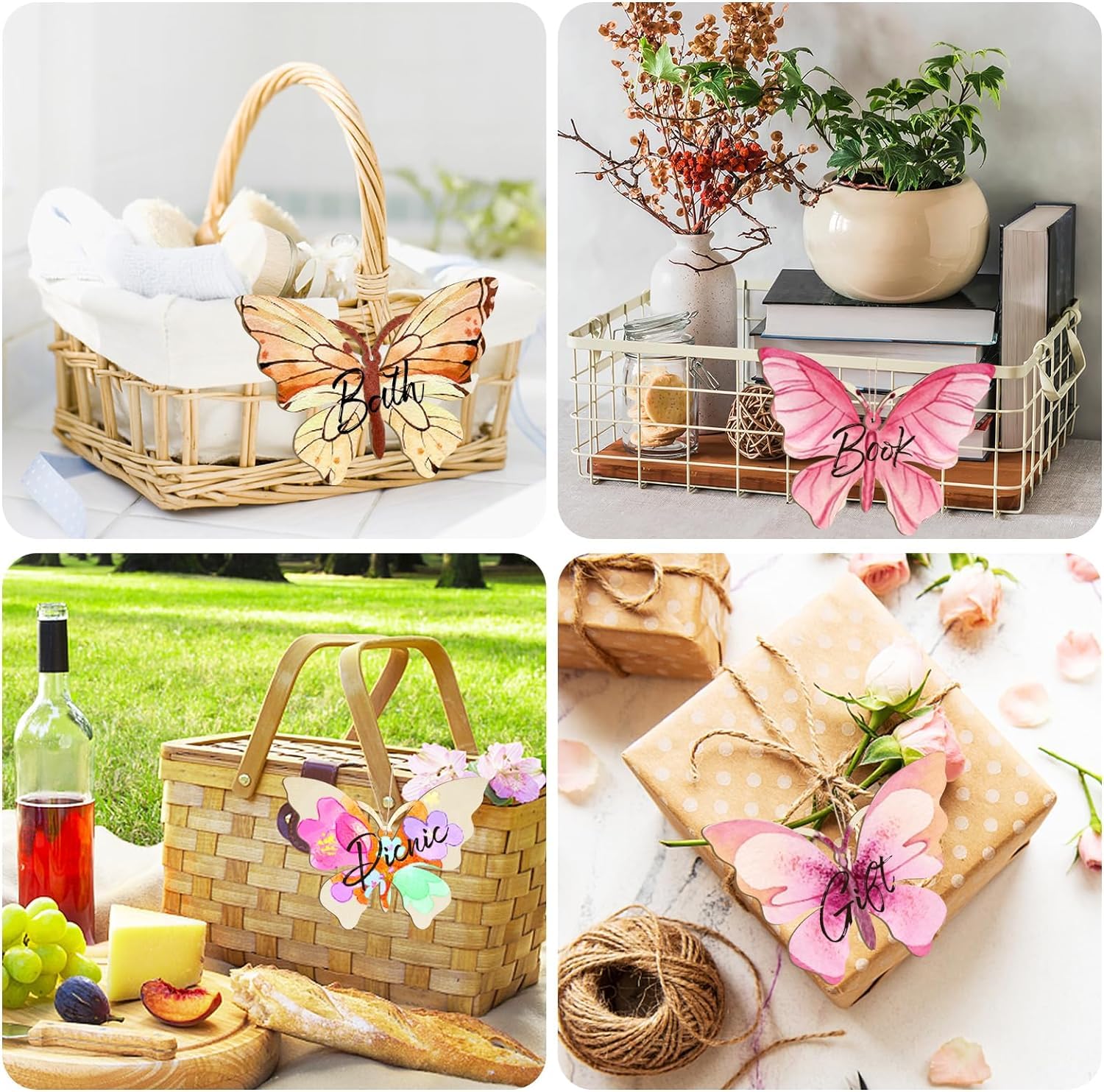 Collage of picnic basket, gift boxes, and decorative items with butterfly-themed tags.