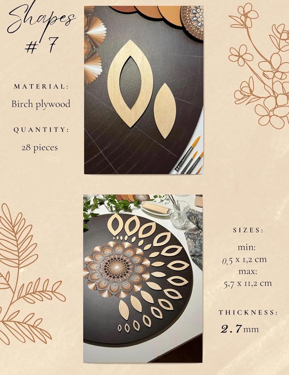 Birch plywood shapes with leaf and floral designs on a beige background