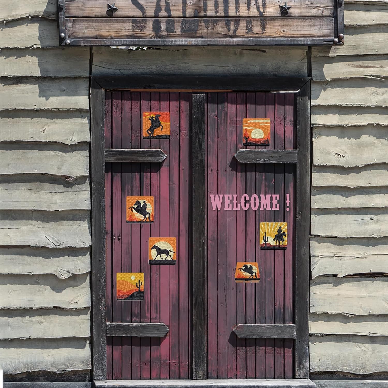 Wooden door with cowboy-themed decorations and 'WELCOME!' text on a rustic building.