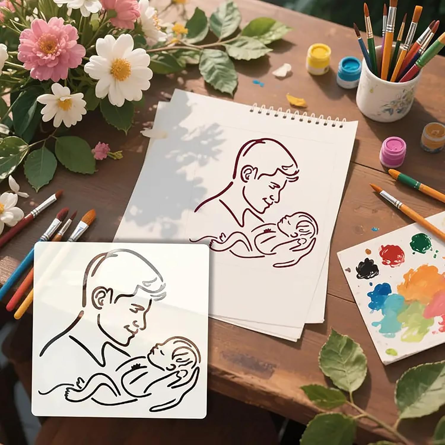 Artistic sketches of a father and child on paper with painting supplies and flowers on a wooden table.