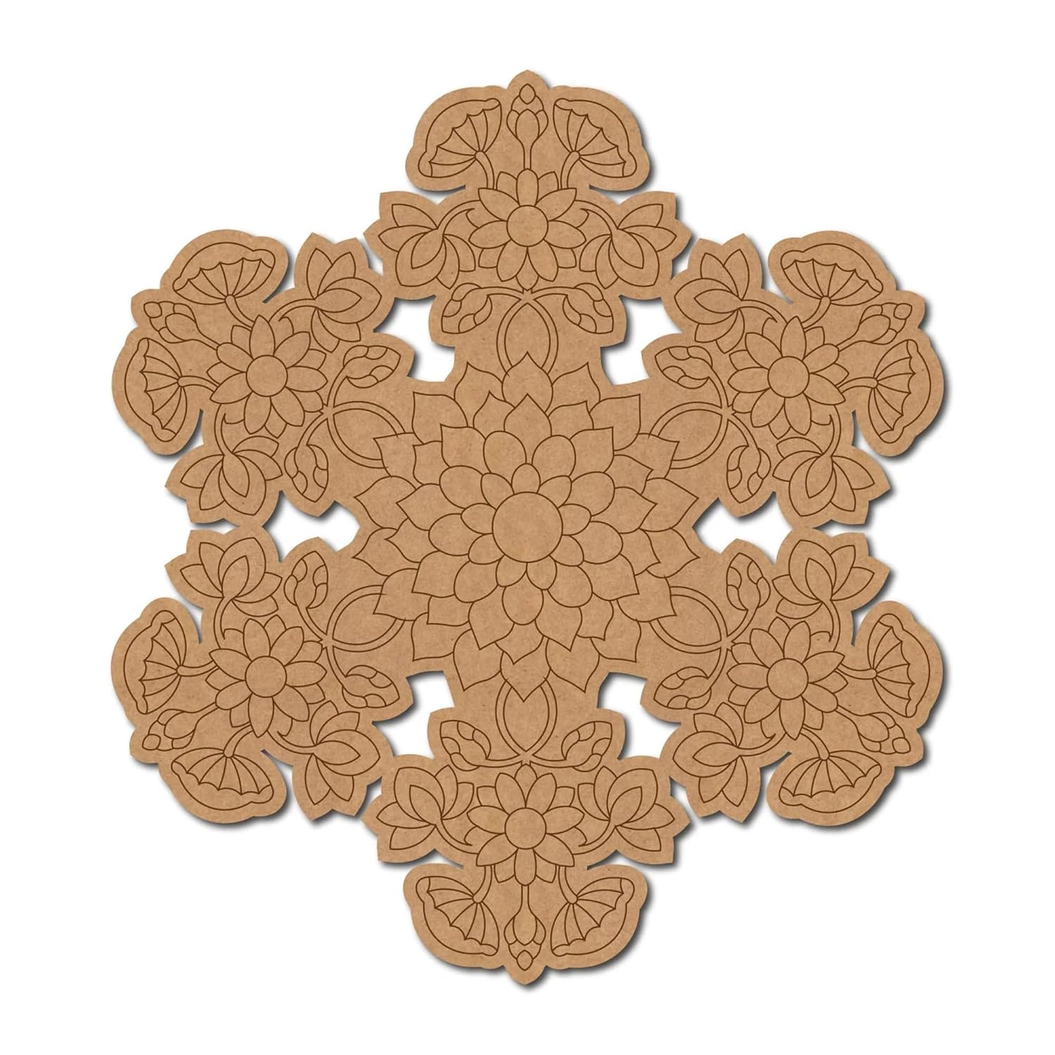 Decorative brown paper doily with floral patterns on a white background