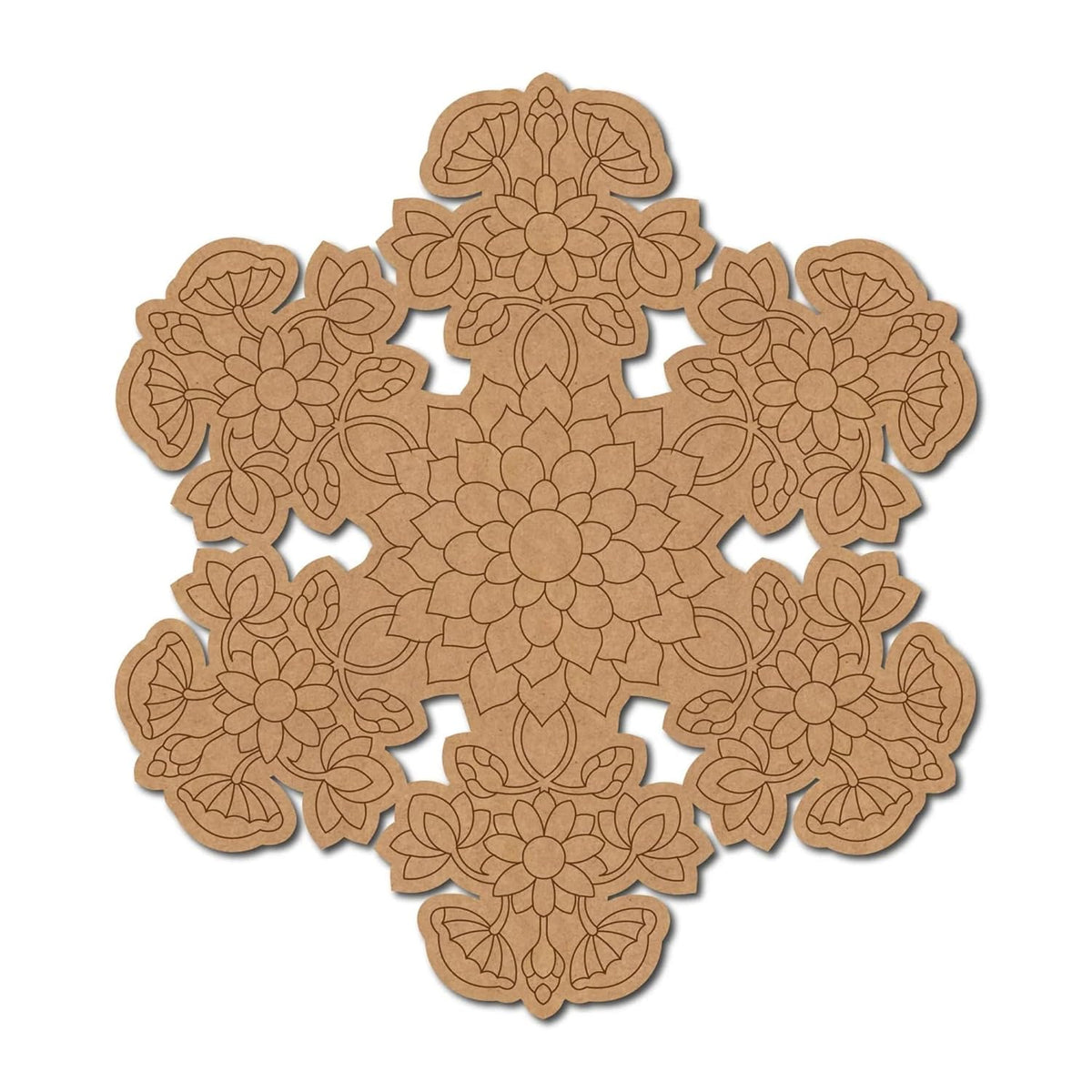 Decorative brown paper doily with floral patterns on a white background