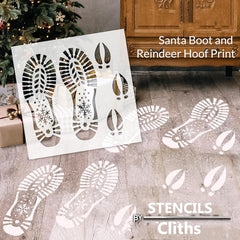 Stencils for Santa boot and reindeer hoof print on a wooden floor with Christmas decor.