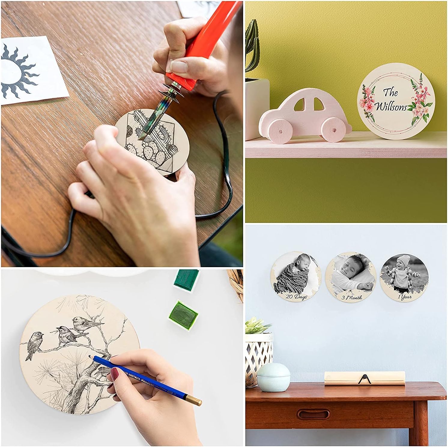Collage of decorative items including a car-shaped wooden plaque, personalized photo coasters, and a hand-painted round wooden piece.