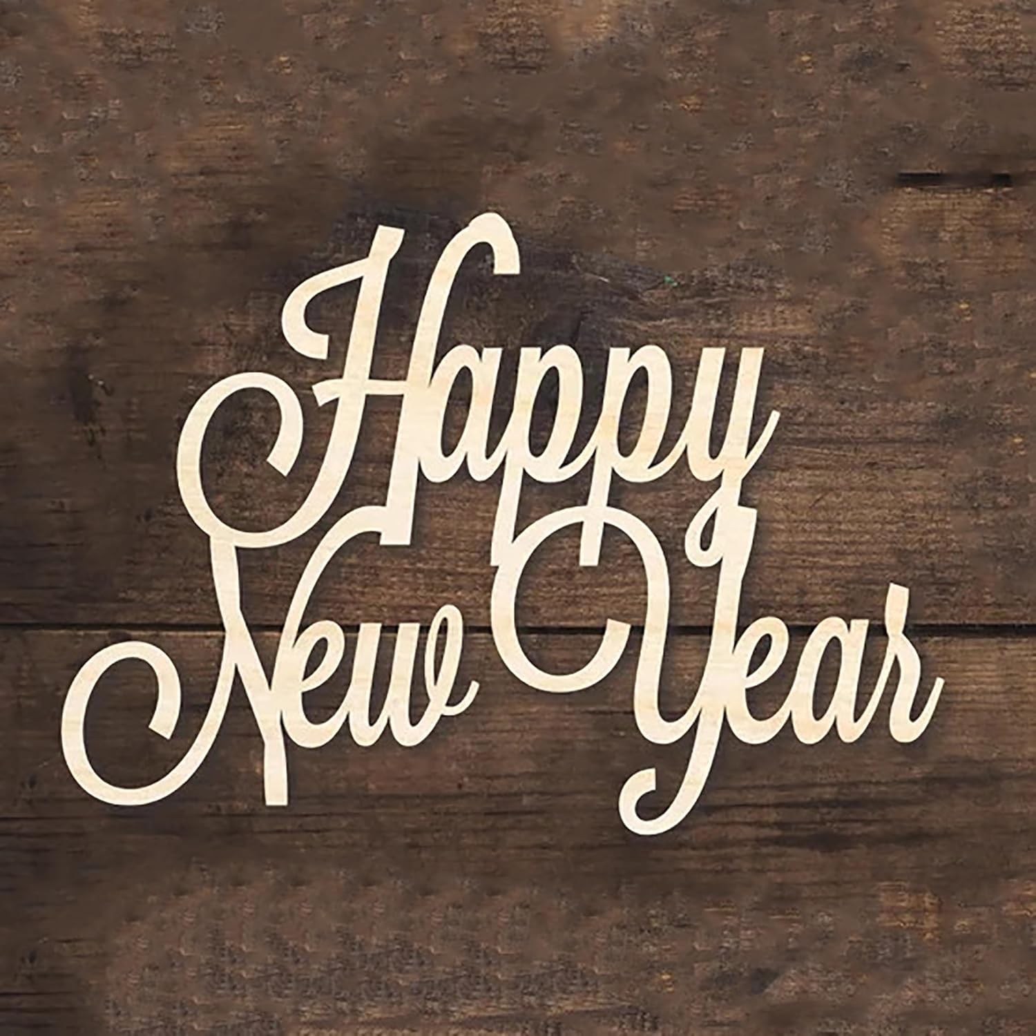 Wooden 'Happy New Year' decoration on a wooden background
