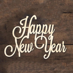 Wooden 'Happy New Year' decoration on a wooden background