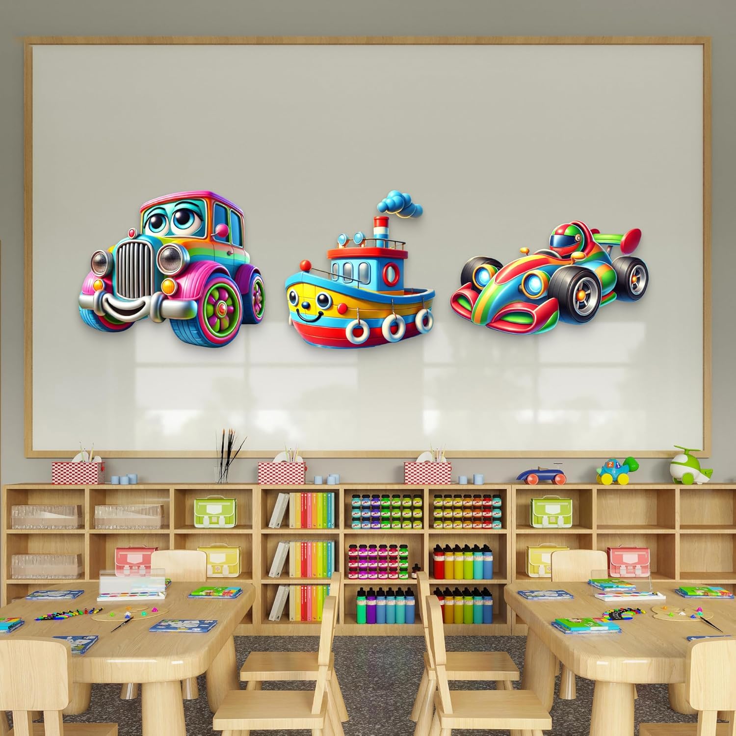 Colorful toy car, boat, and race car wall decors in a classroom setting.