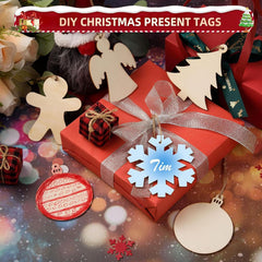 Decorative Christmas present tags with a snowflake design on a festive background.