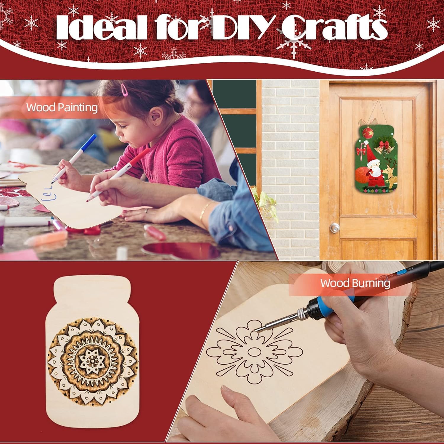 Collage of DIY crafts including wood painting and wood burning with text 'Ideal for DIY Crafts'.
