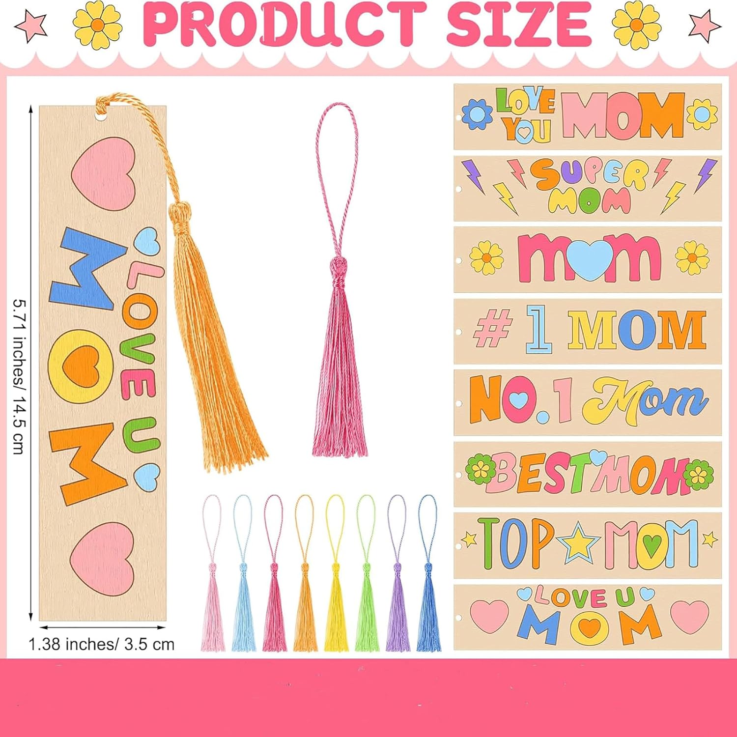 Product size chart with colorful 'Love U Mom' wooden tags and tassels on a pink background.