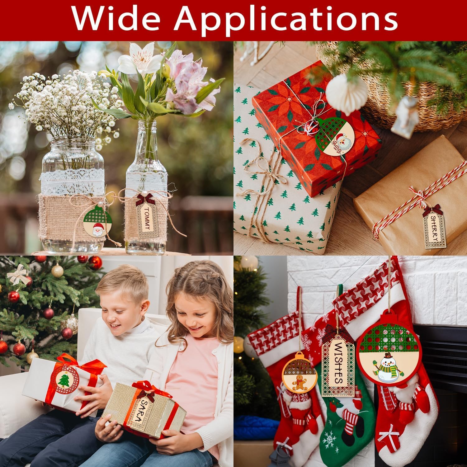 Collage of Christmas-themed items including gift-wrapped presents, decorated bottles, children opening gifts, and stockings.
